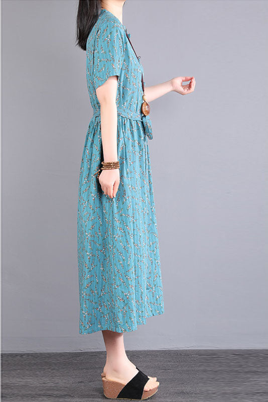 Summer Loose Short Sleeve Dress Linen Print Dress