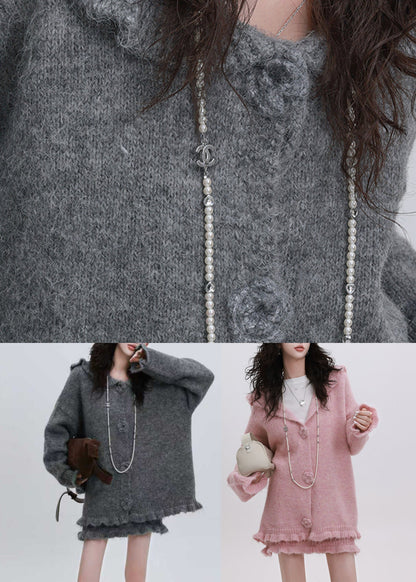 Grey Cotton Knit Hooded Cardigan and Skirts Two Pieces Set Puff Sleeve