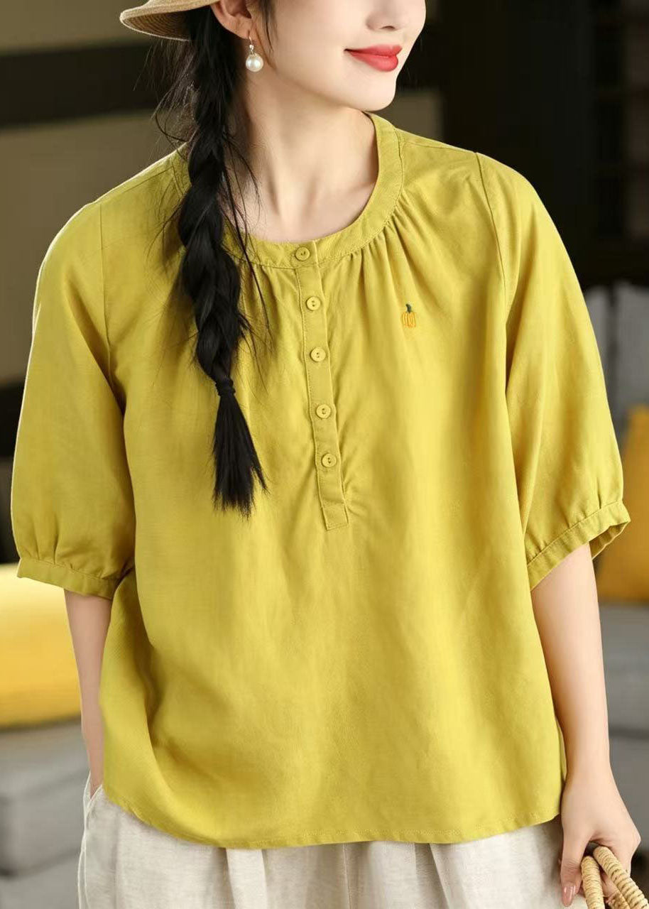 Yellow O-neck Embroidered Cotton Shirt Top Summer