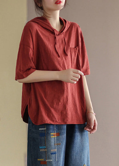 Red Drawstring Cotton Hooded T Shirt Summer