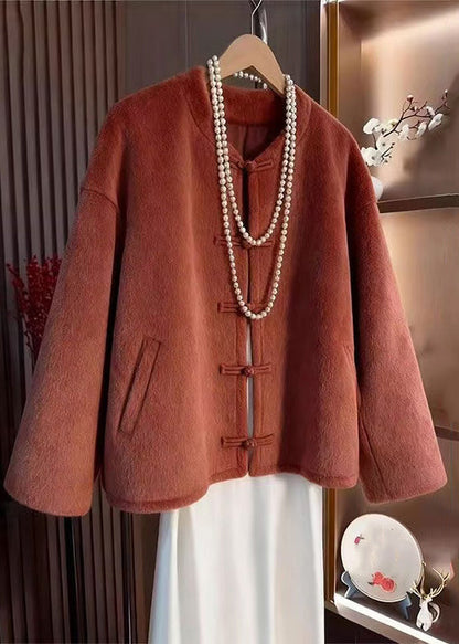 Orange O-neck Button Pockets Woolen Coats Winter