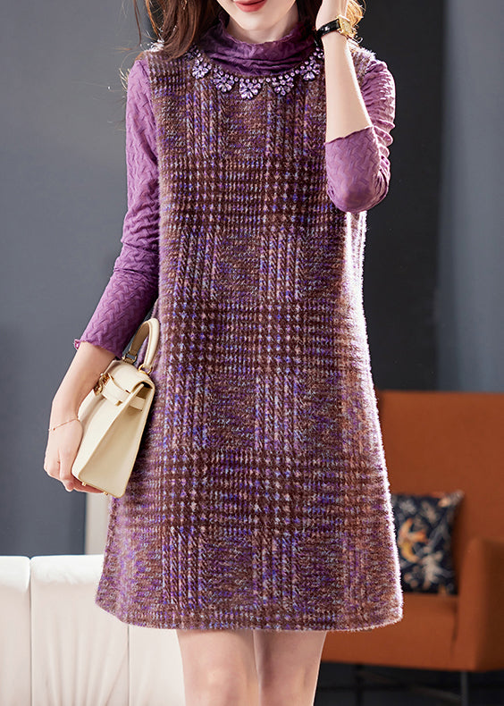 Slim Fit Purple Zircon Pockets Tank Dress and T Shirt Cotton Two Pieces Set Winter