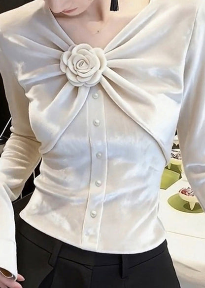 White V Neck Rose Wrinkled Silk Velour Tops Fall