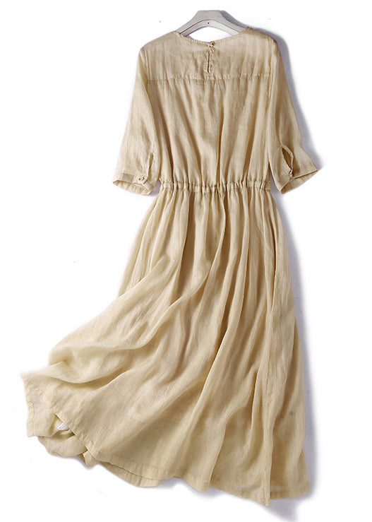 Light Khaki O Neck Lace Up Cotton Dress Summer