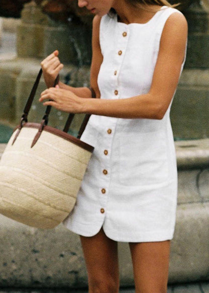 European and American Style White Square Collar Button Linen Dress Sleeveless