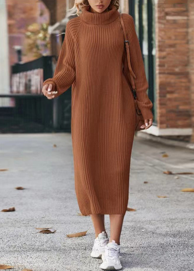 Beige Hign Neck Long Knit Dress Winter