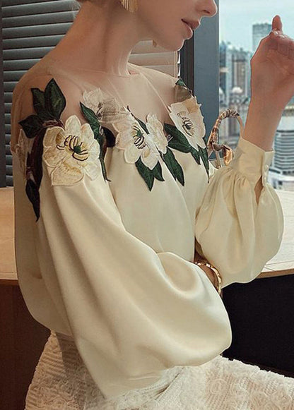 Fine Beige Embroidered Tulle Patchwork Silk Shirt Tops Spring