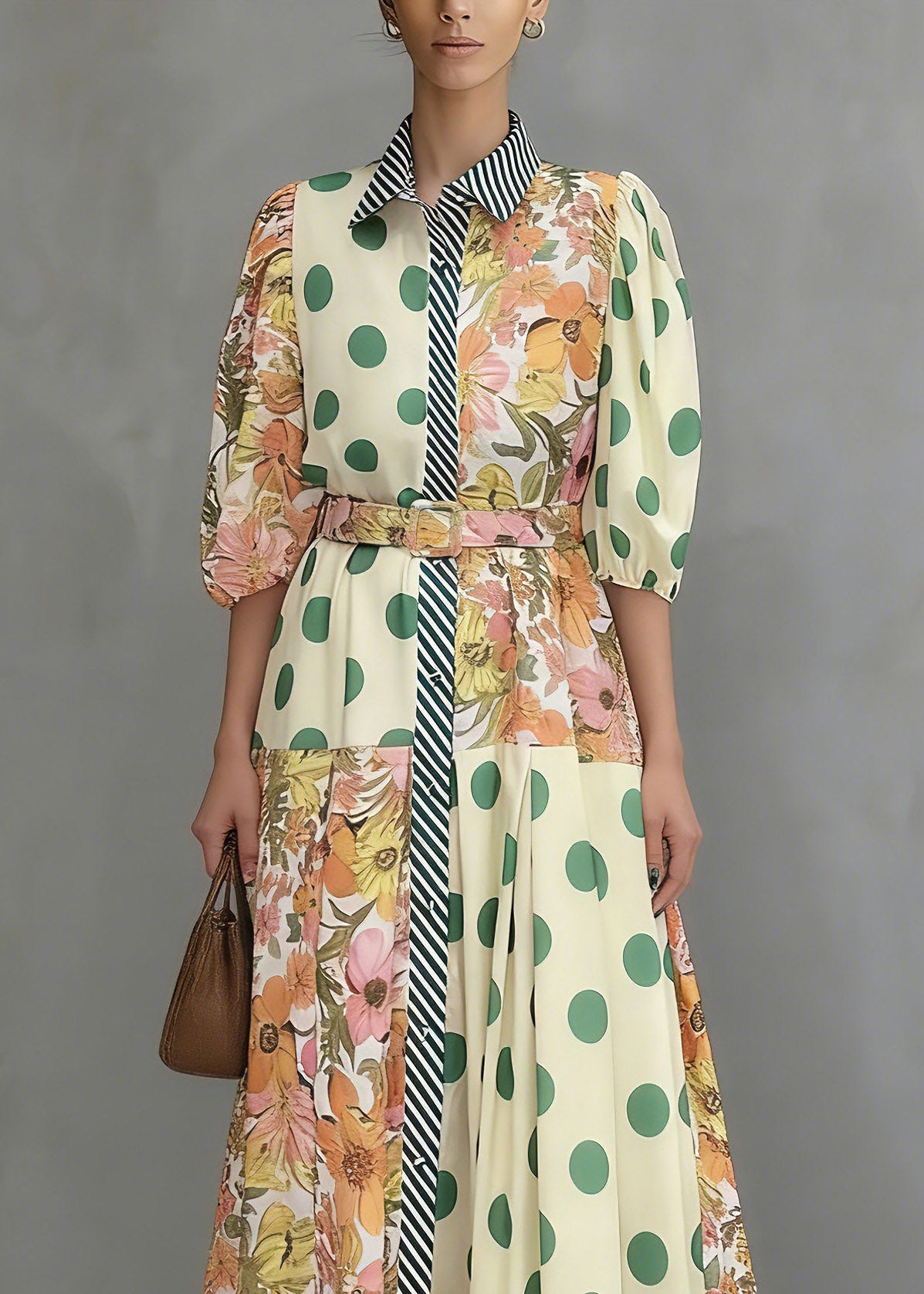 Colorblock Peter Pan Collar Print Maxi Shirts Dresses Summer