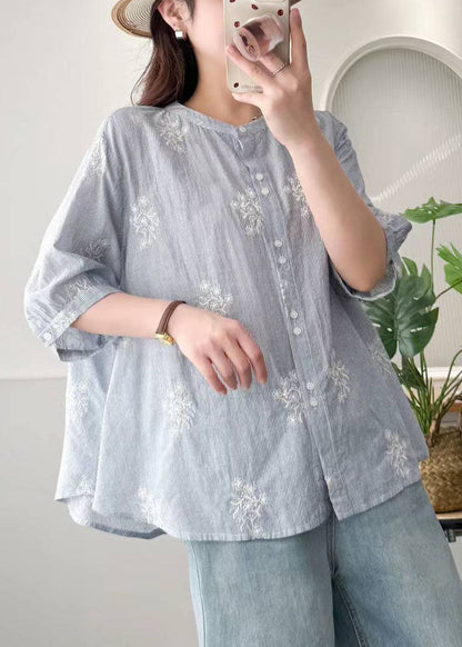 Blue Striped Cotton Loose Shirt Embroidered Summer