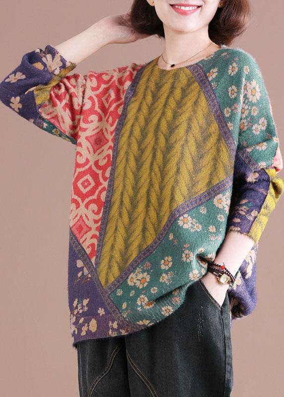 Color Block O-neck Print Cotton Sweater