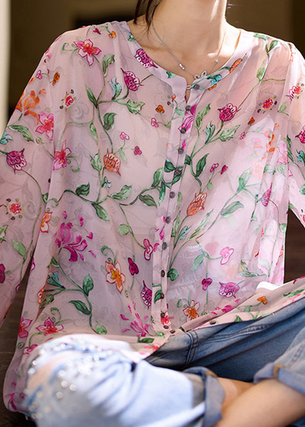 Pink O Neck Print Loose Chiffon Blouse Top Fall