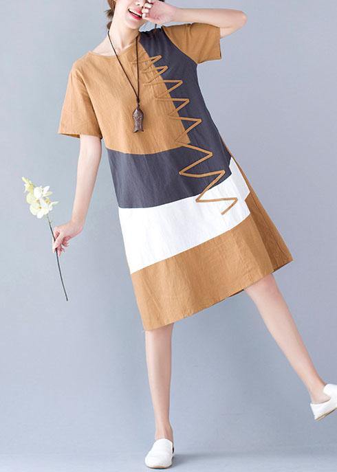 Cotton Linen O Neck Khaki Short Sleeve Dresses Summer