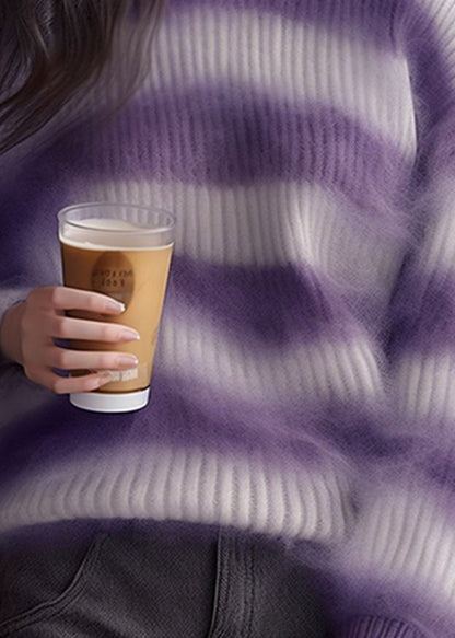Purple Striped Cozy Ma Hai Mao Sweaters Fall