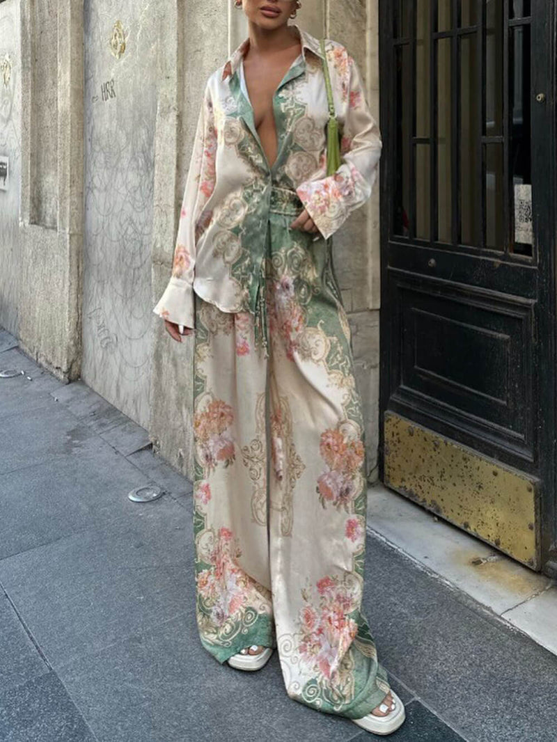Oversized Loose Unique Printed Stretch Waist Wide Leg Pants