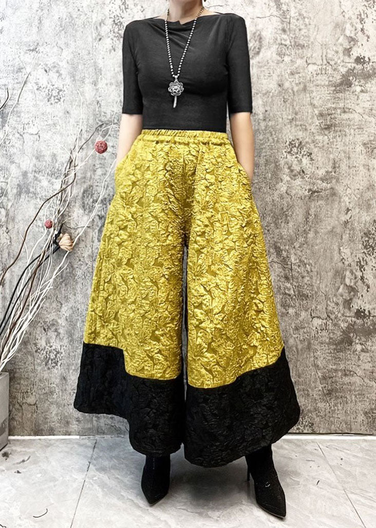 Yellow Pockets Jacquard Patchwork Silk Wide Leg Pants Spring