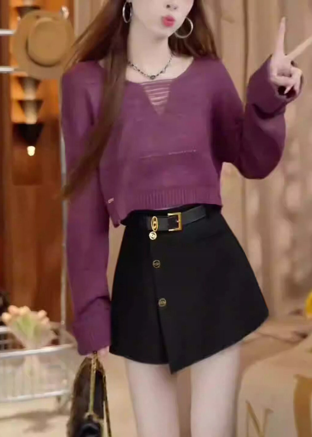Purple O Neck Short Knit Pullover Long Sleeve
