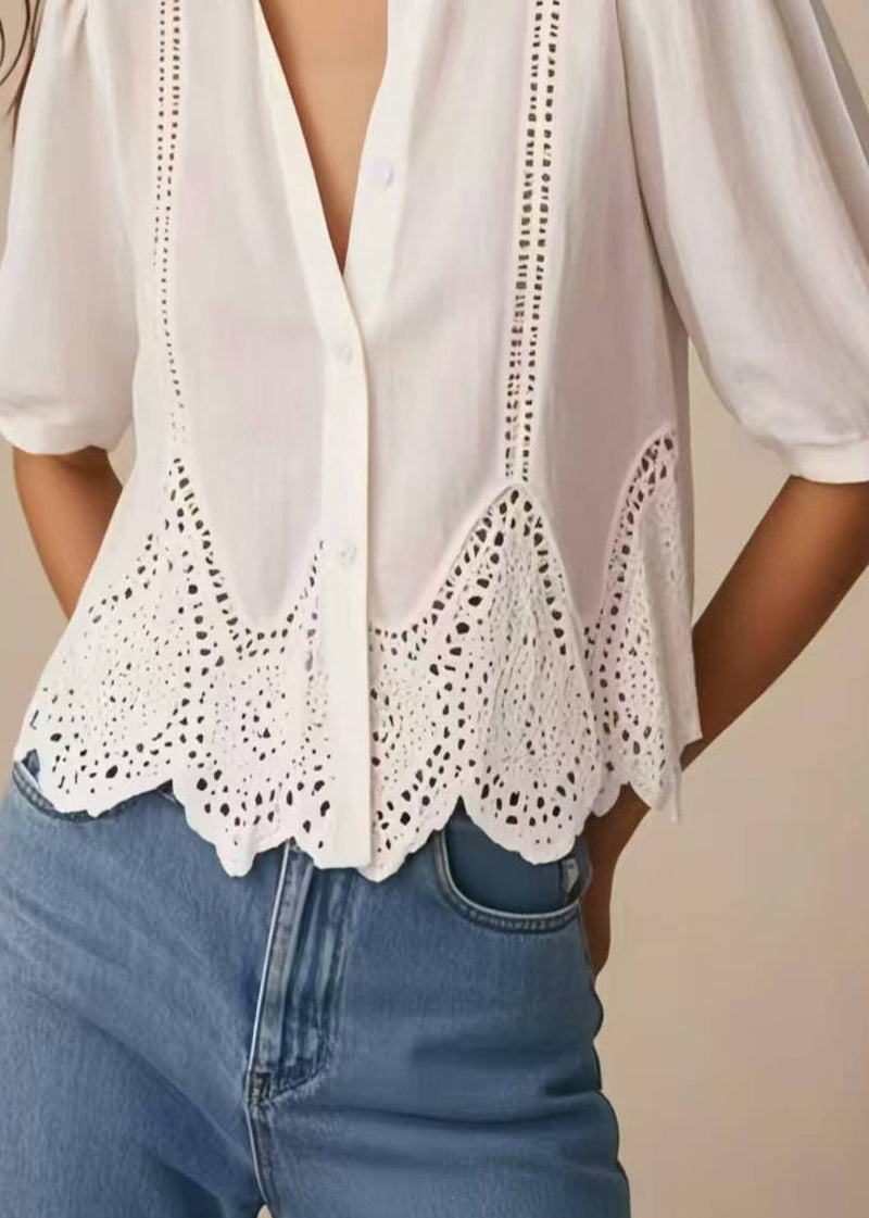 White Hollow Out Silm Fit Shirts Summer
