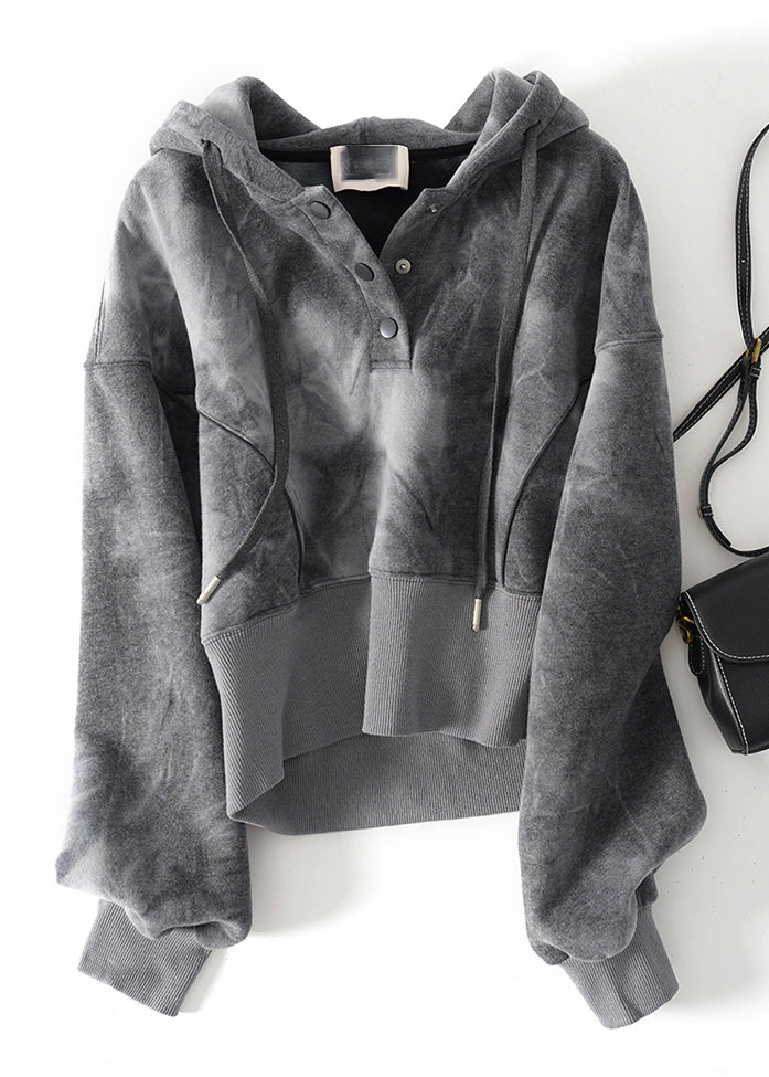 Grey Tie Dye Drawstring Hooded Sweatshirts Top Fall