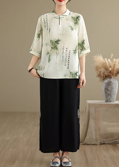 New Retro Bamboo Print Chiffon Oriental Tops Half Sleeve