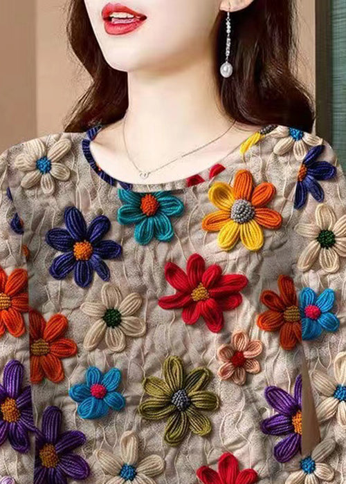 Khaki O Neck Patchwork Cotton T Shirt Fall