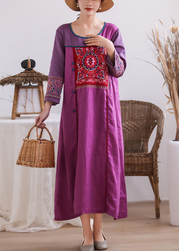 Purple Embroidered Chinese Button Patchwork Linen Long Dresses Summer