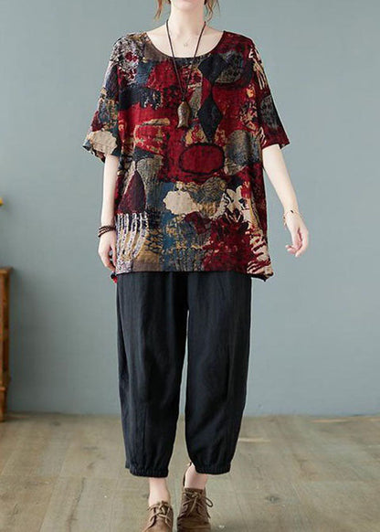 Red O Neck Print Patchwork Cotton T Shirt Summer