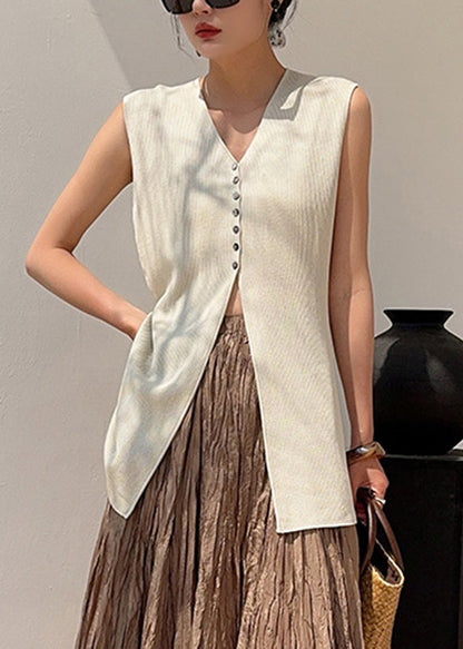 Unique Apricot V Neck Button Silk Tops Summer