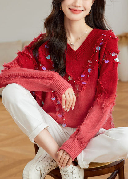 Red Gradient V Neck Tassel Sequins Knit Sweater Tops Spring