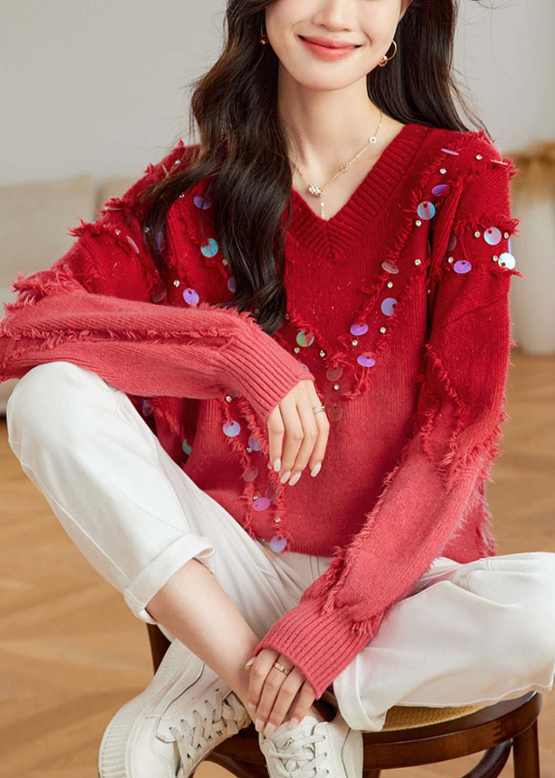 Red Gradient V Neck Tassel Sequins Knit Sweater Tops Spring
