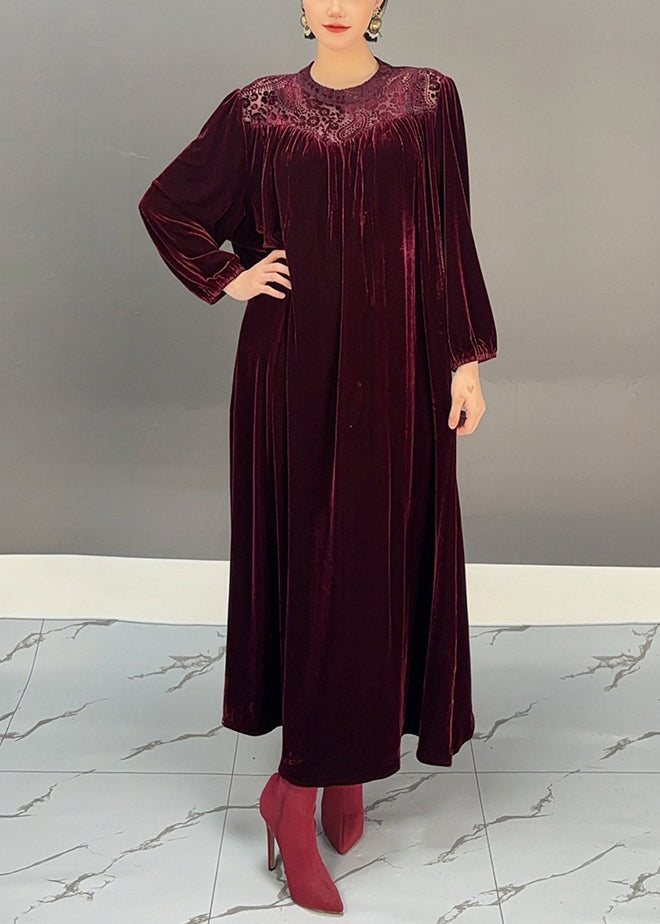 Loose Purple Red O Neck Silk Velvet Maxi Dress Fall