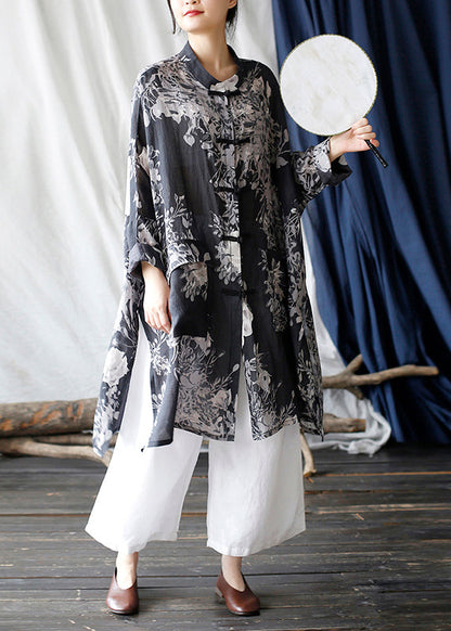 Black Oversized Print Linen Oriental Cardigan Spring