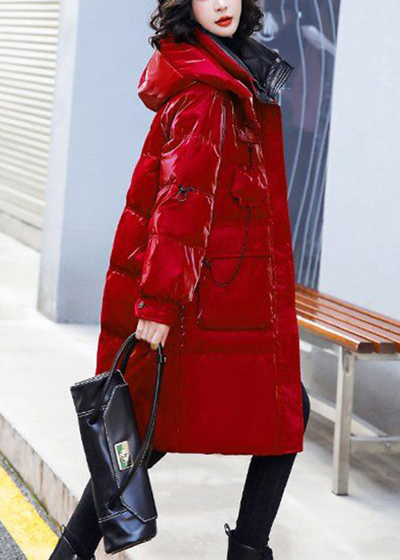 Red Stand Collar Zippered Patchwork Bright Hooded Long Fine Cotton Filled Coats Winter