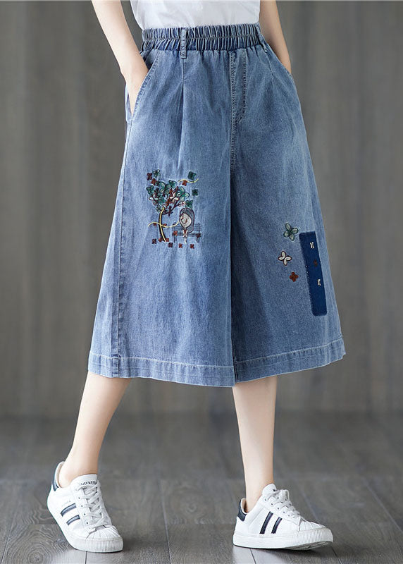Denim Blue Elastic Waist Embroidered Cotton Wide Leg Pants Summer