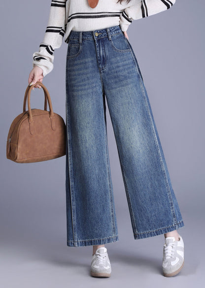 New Blue Pockets Patchwork Denim Crop Pants Spring