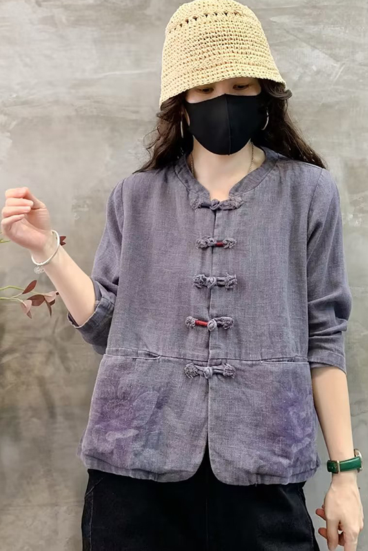 Fall New Button Down Cropped Cardigan Linen Print Coat