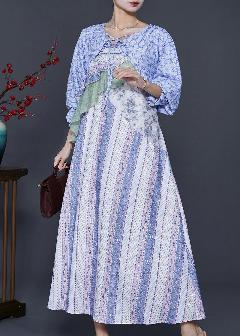 Blue Print Patchwork Chiffon Dresses Summer