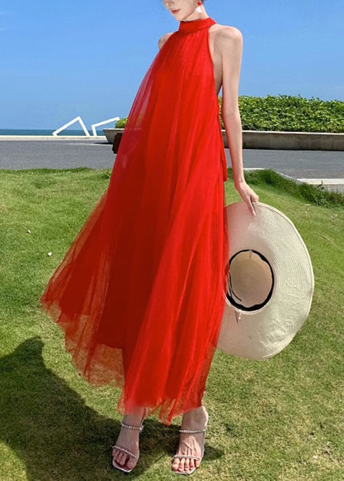 New Red Backless Lace Up Tulle Long Dresses Sleeveless
