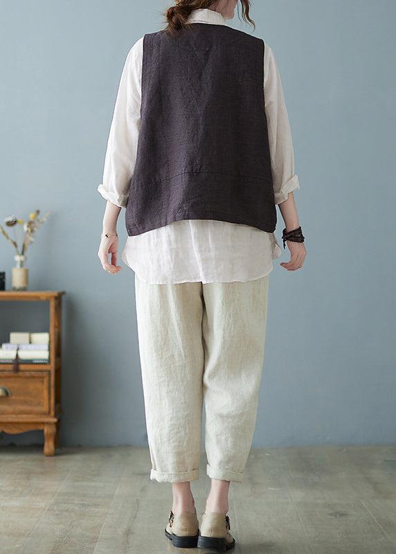 Coffee V Neck Pockets Button Cotton Vest Tops Sleeveless