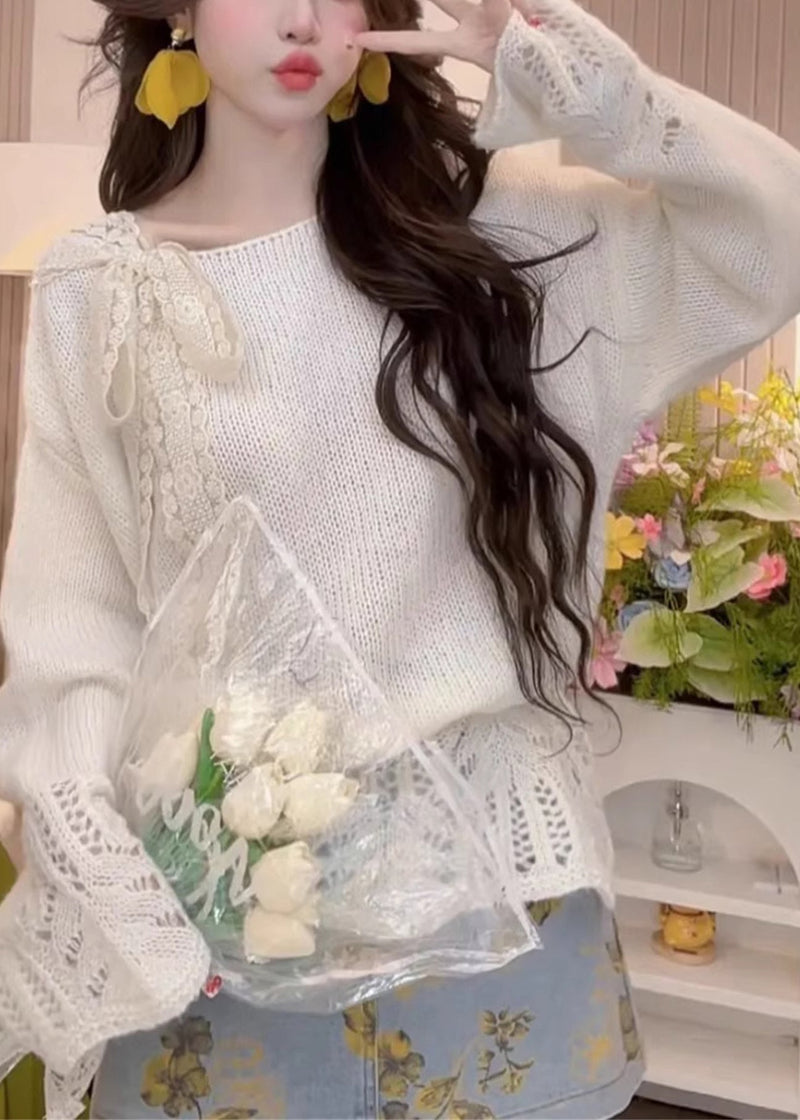 Yellow Hollow Out Bow Knit Sweaters Fall