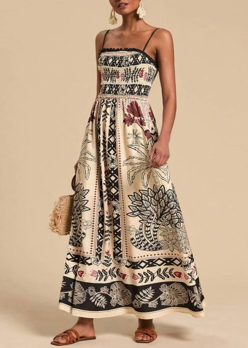 Classy White Print Cotton Spaghetti Strap Dress Summer