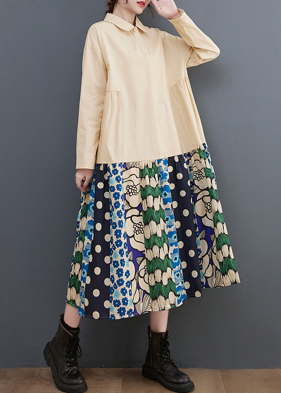 Beige Oversized Patchwork Cotton Long Dress Fall