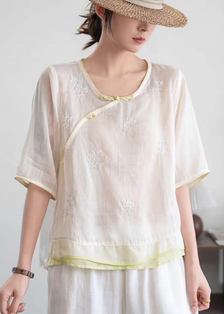 Beige Embroidered Patchwork Linen Oriental Shirt Summer