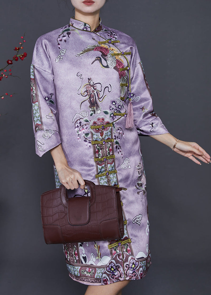 Purple Tasseled Print Silk Cheongsam Dresses Summer