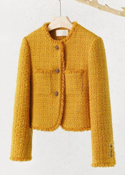 New Yellow O Neck Button Pockets Cotton Coats Fall