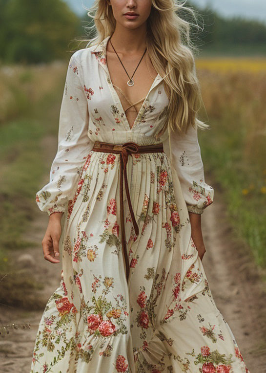 V Neck Print Long Sleeve Pastoral Dress