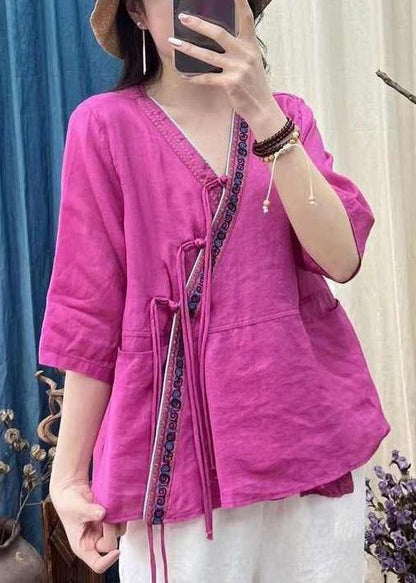 Rose V Neck Chinese Button Cotton Shirt Half Sleeve