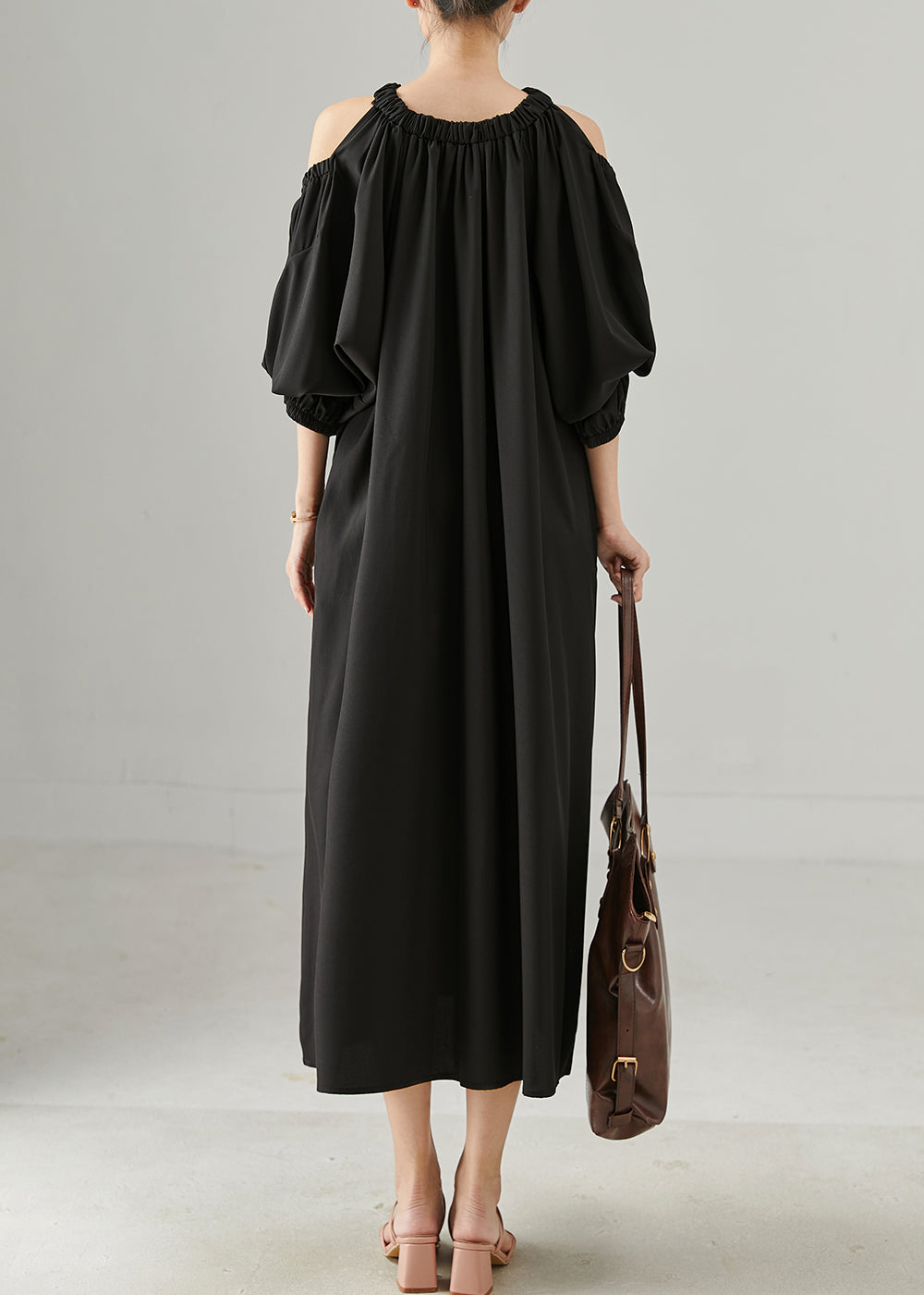 Black Cold Shoulder Oversized Cotton Dresses Spring
