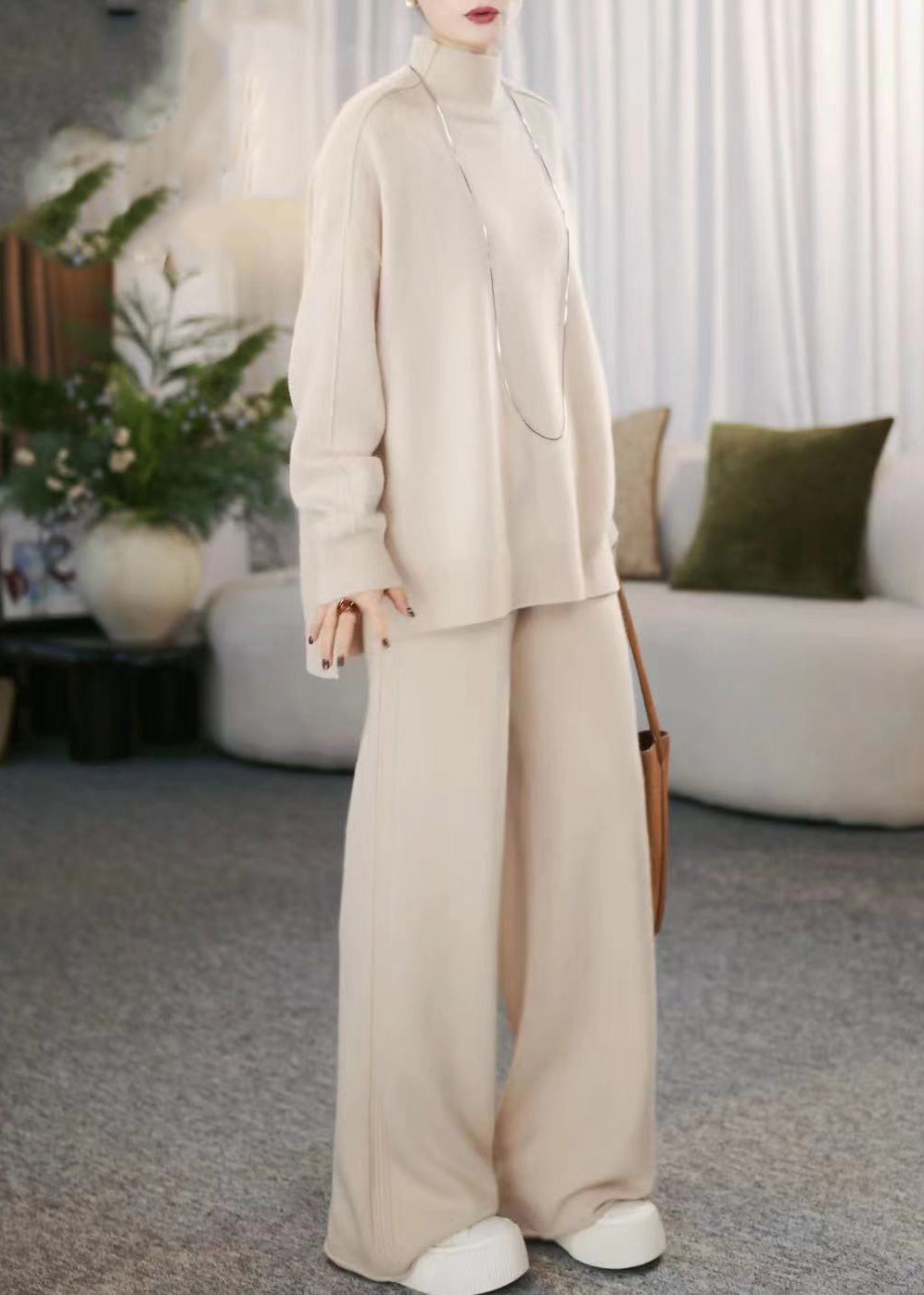 Beige Turtleneck Cotton Knit Sweaters and Wide Leg Pants Two Pieces Set Winter