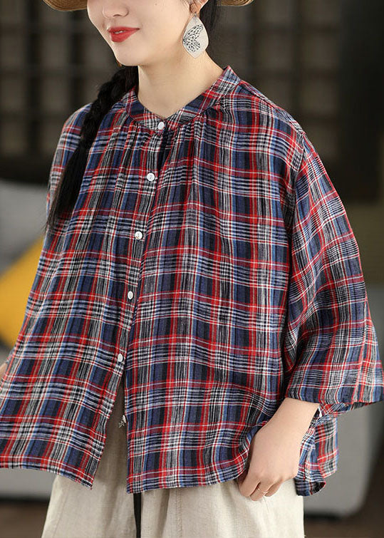 Blue O Neck Plaid Linen Top Flare Sleeve