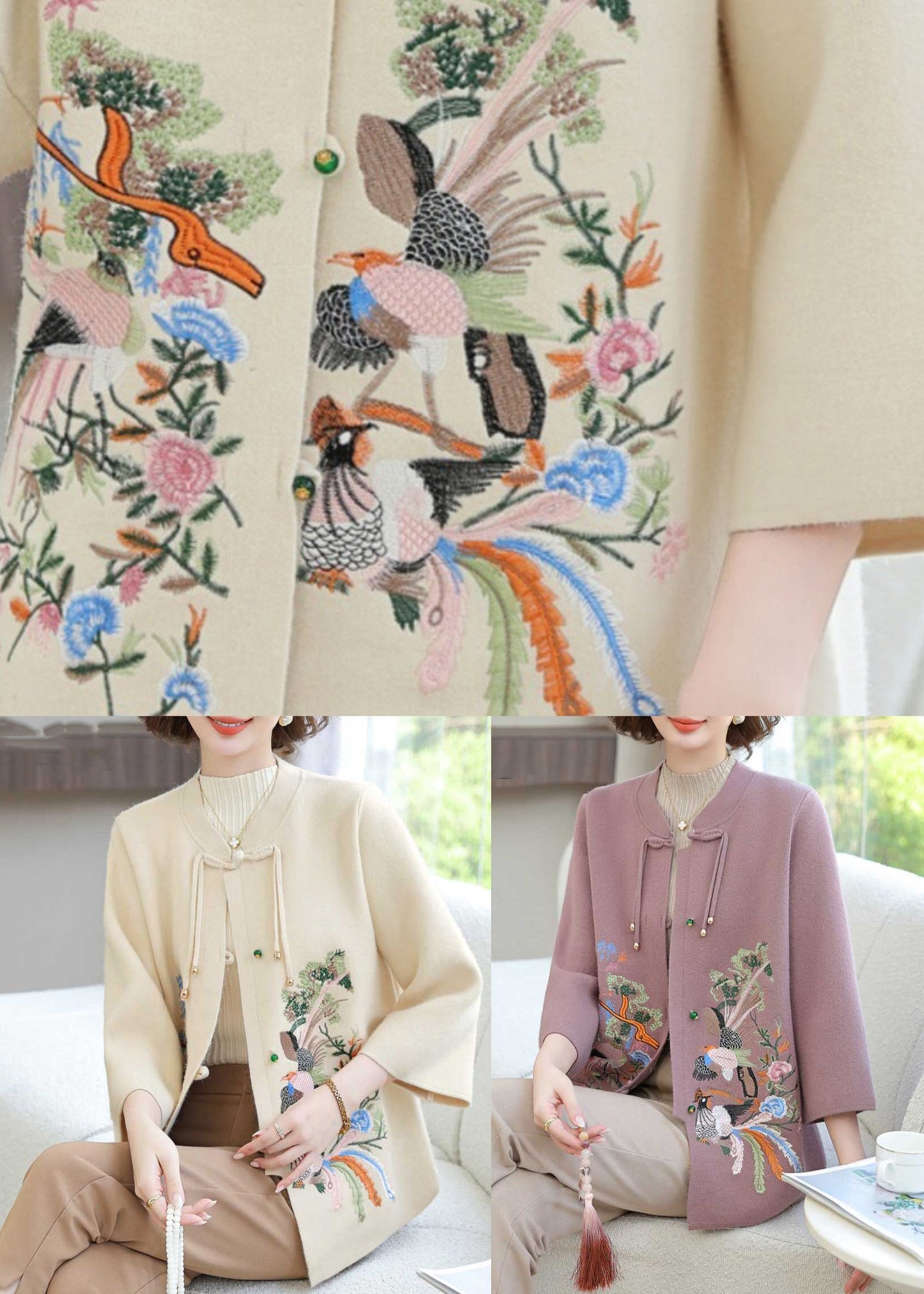 Stylish Beige O-neck Patchwork Wool Knit Cardigans Spring